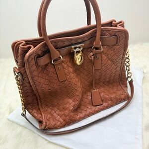 Michael Kors | "Hamilton" Woven Leather Bag with Long Strap in Warm Brown‎